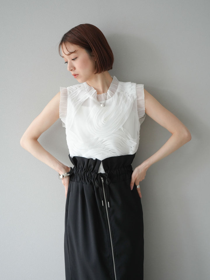 [SET]チュールジャガードノースリブラウス+ヘザーエステルギャザージップスカート(2set)