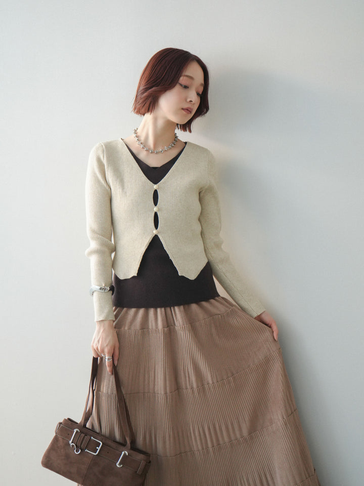 [SET]Vネック配色レイヤードスリットニットトップス+型押しスエードティアードプリーツスカート(2set)