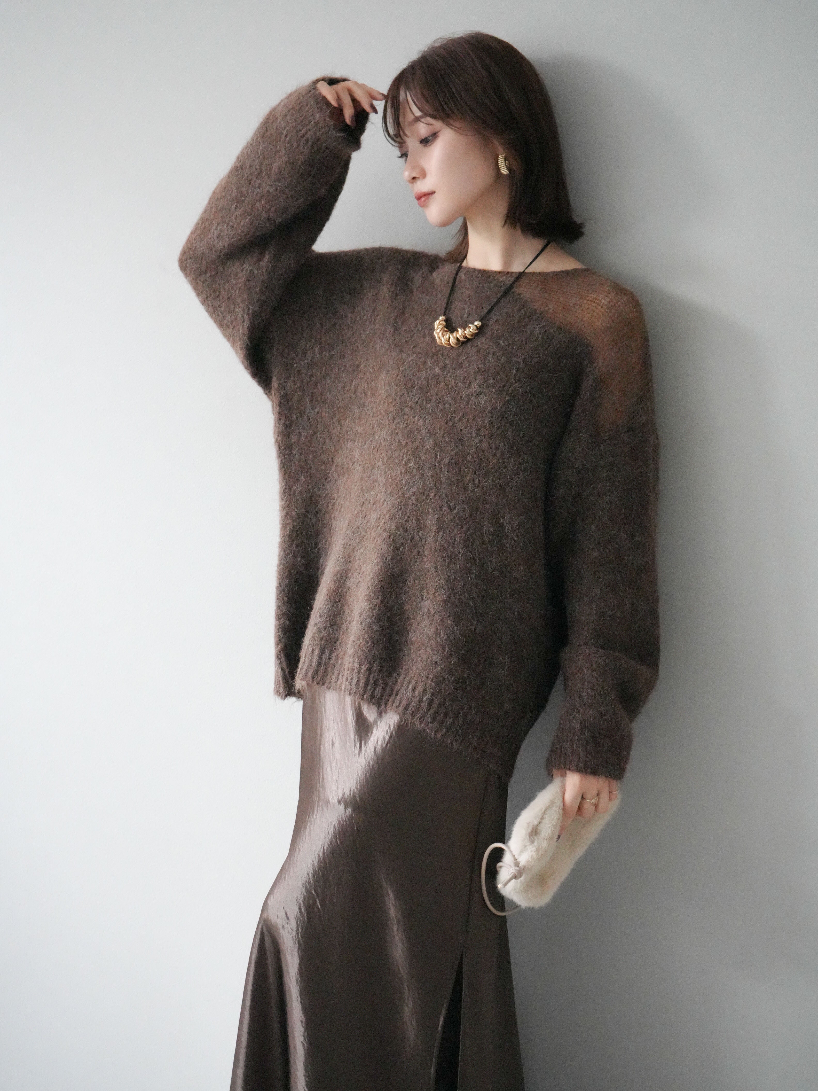 予約]ネック透かし編みニットプルオーバー/ダークブラウン – Lumier