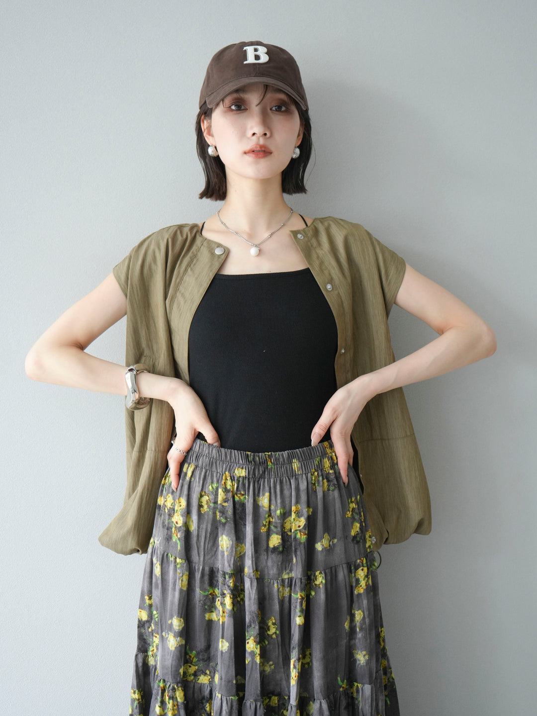 [SET]リネンライクドロストバルーンブルゾン+フラワーワッシャープリーツスカート(2set)