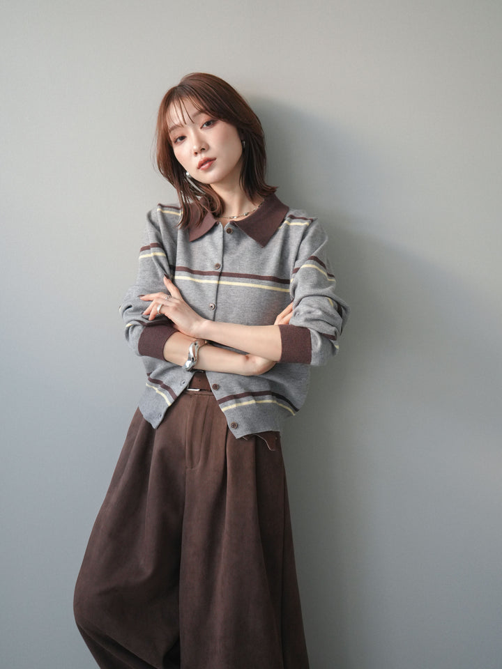 [予約]配色マルチボーダーポロニットカーディガン/gray