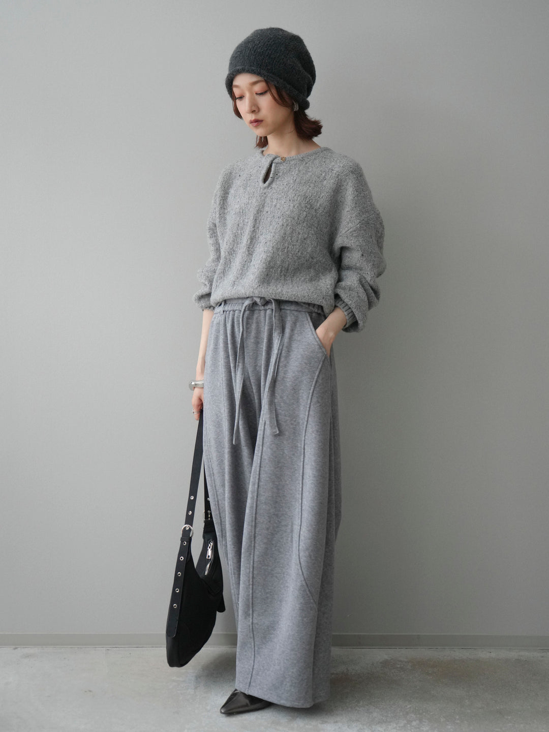 [予約]ツイストネックラメネップヤーンニットプルオーバー/gray