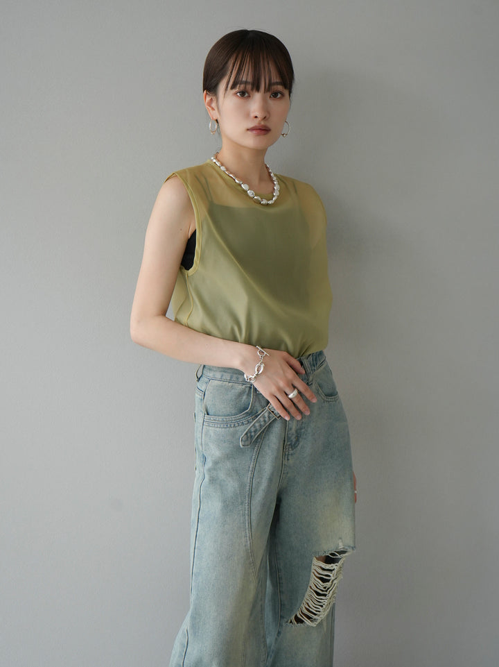 [SET] Organdy sleeveless top + belt asymmetrical damaged denim (2set)