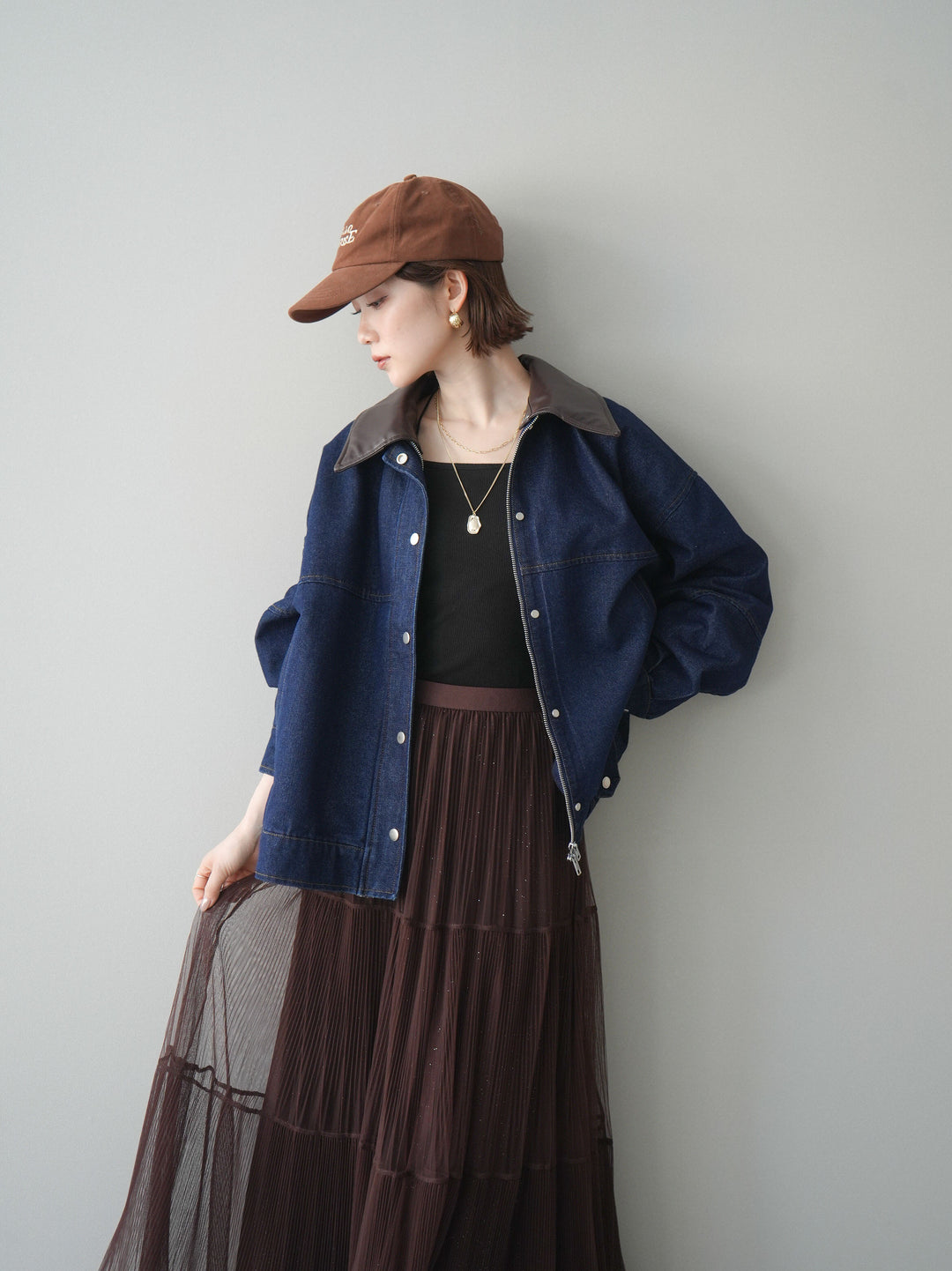 [予約]配色襟レザーデニムブルゾン/indigo