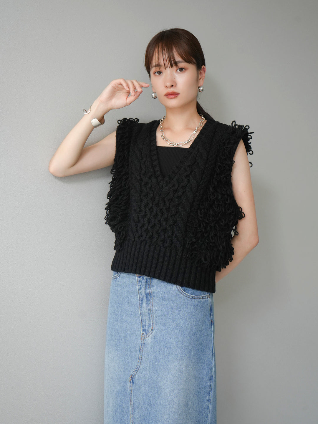 [予約]ループミックス編みニットベスト/ブラック