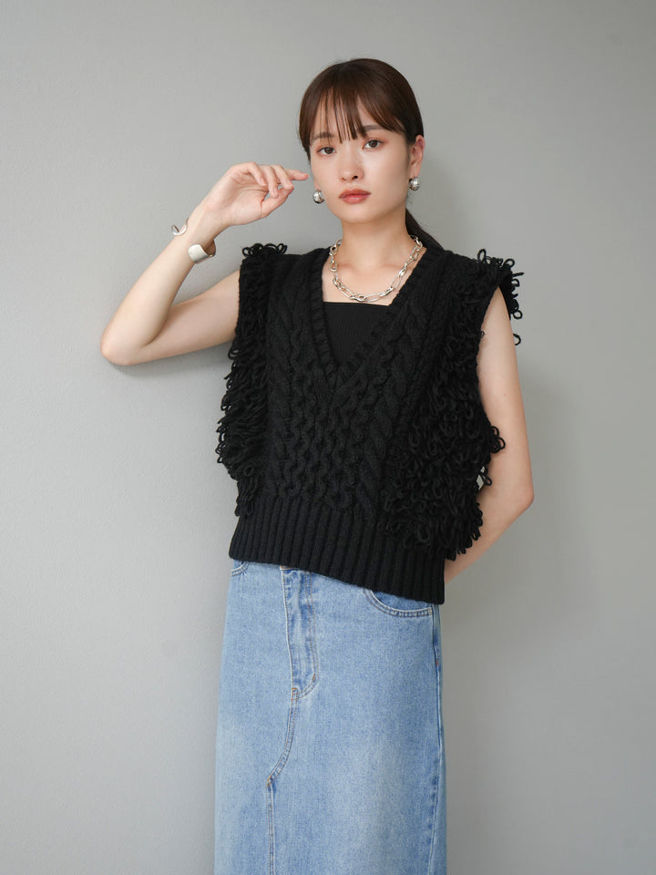 [予約]ループミックス編みニットベスト/ブラック
