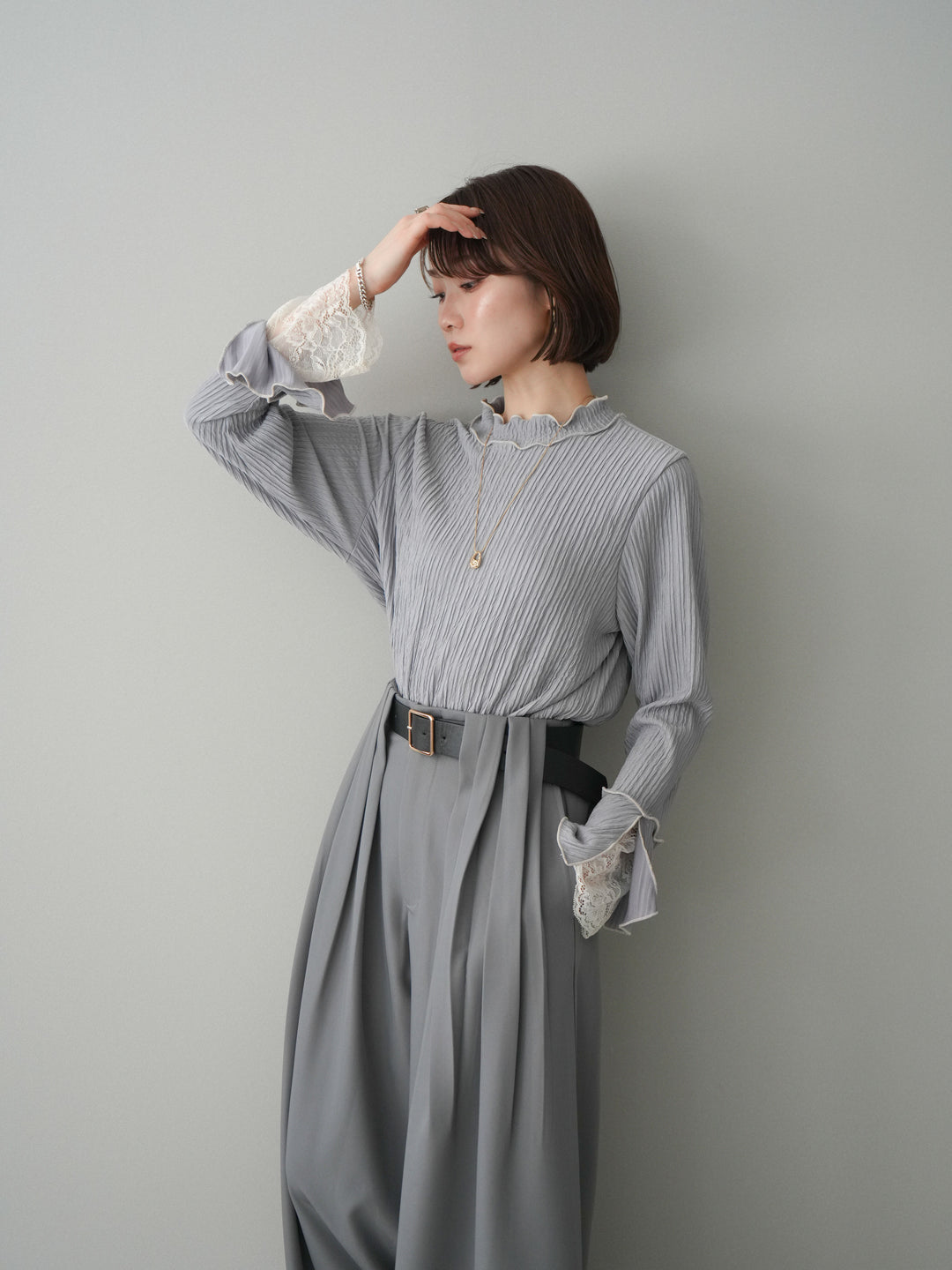 [予約]袖レース楊柳メロートップス/lightgray