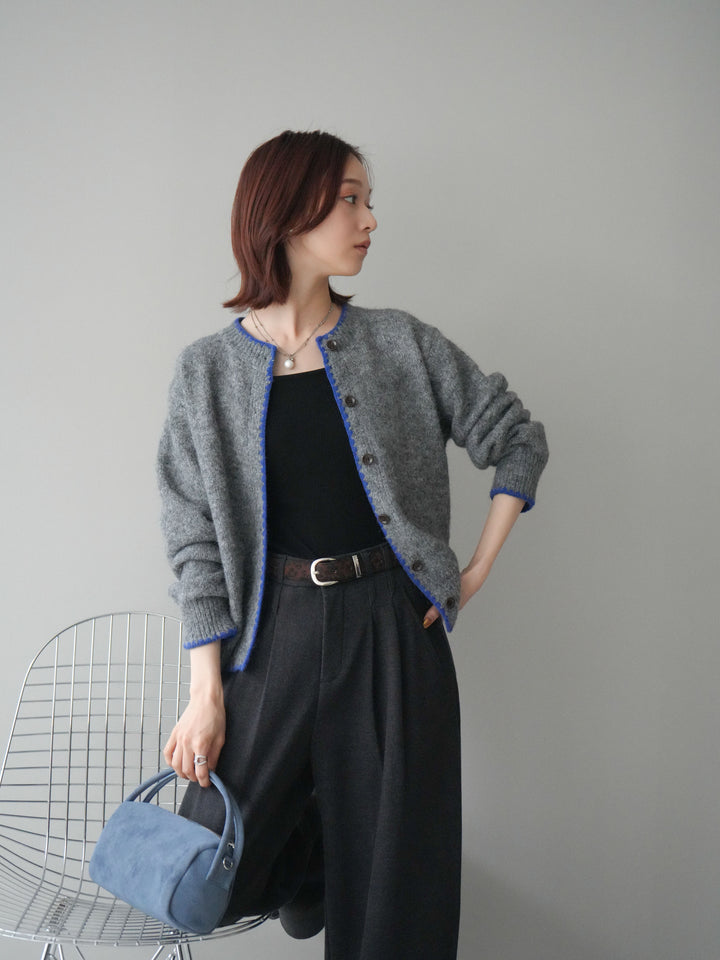[SET]三角ステッチニットカーディガン+アニマル柄ベルト付きウールタッチワイドパンツ(2set)