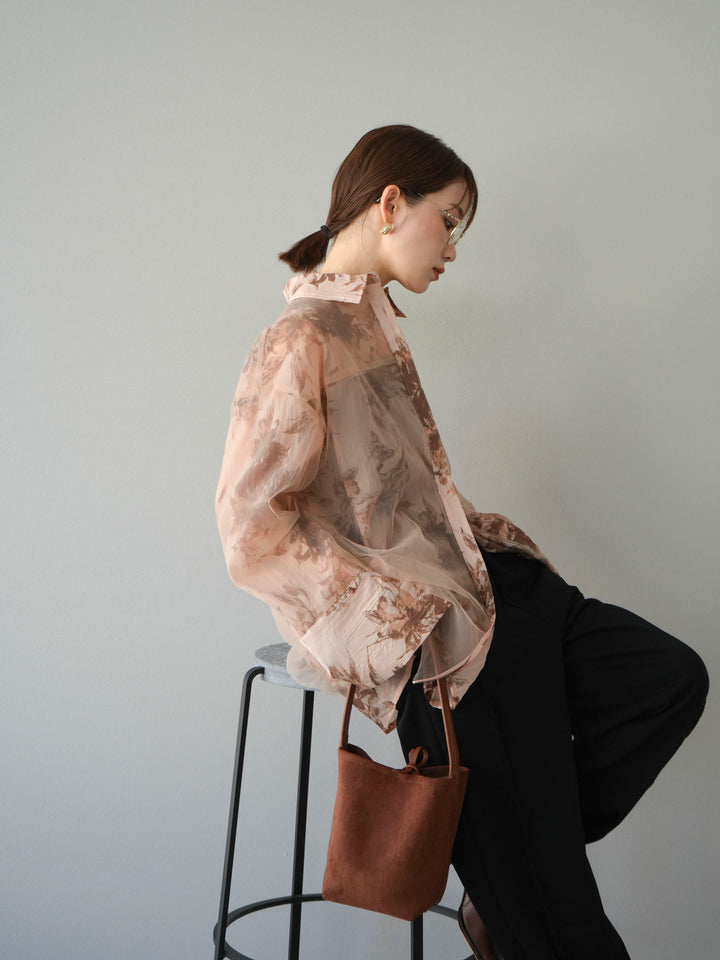 [予約]チュールドッキングフラワー柄オーバーサイズシャツ/ブラウン