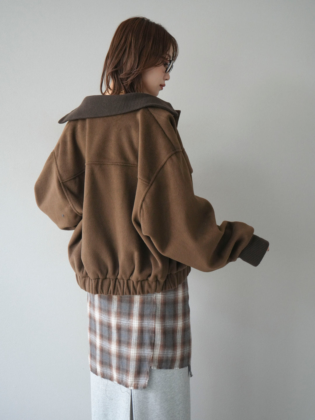 [予約]ウールタッチ襟リブステンカラーショートコート/brown