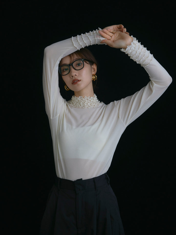 【Allure】[SET]シアーフリルメロートップス+タフタワイドカーブパンツ(2set)