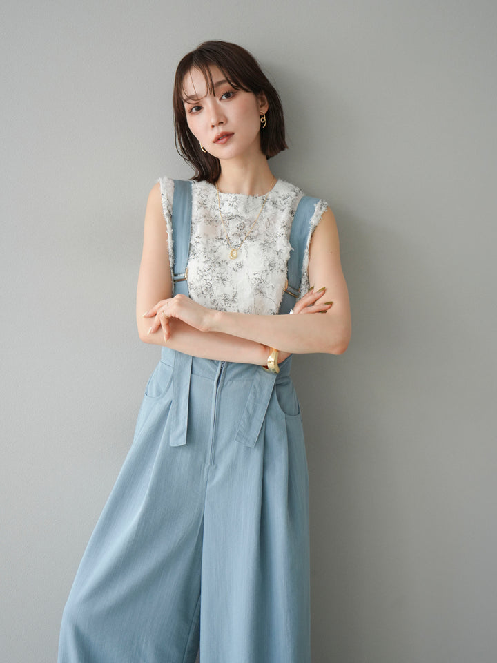 [SET]ストリングデザインハイウエストサロペット+ニュアンスフリンジジャガードノースリーブブラウス(2set)