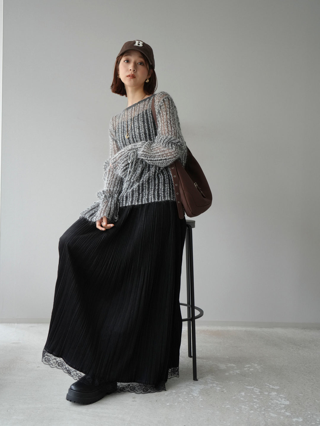 [予約]ストライプメッシュニットプルオーバー/グレー