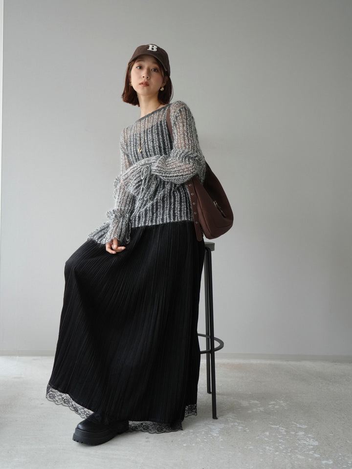 [予約]ストライプメッシュニットプルオーバー/グレー