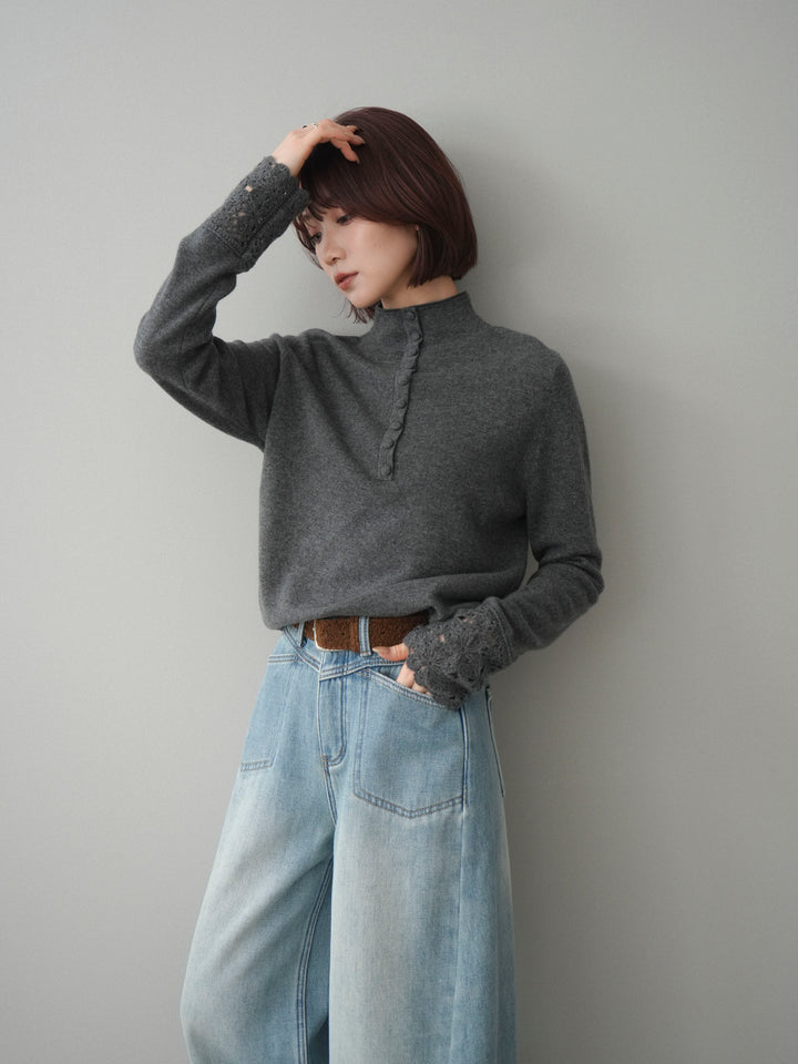 [予約]袖スカラップレースフロントボタンウールニットトップス/gray