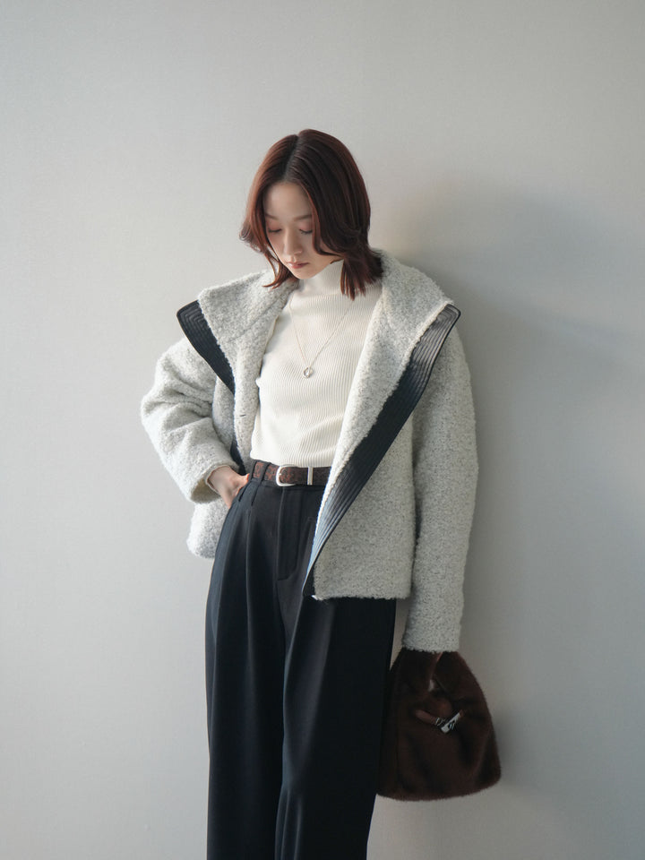 [SET]レザー切替ブークレブルゾン+アニマル柄ベルト付きウールタッチワイドパンツ(2set)