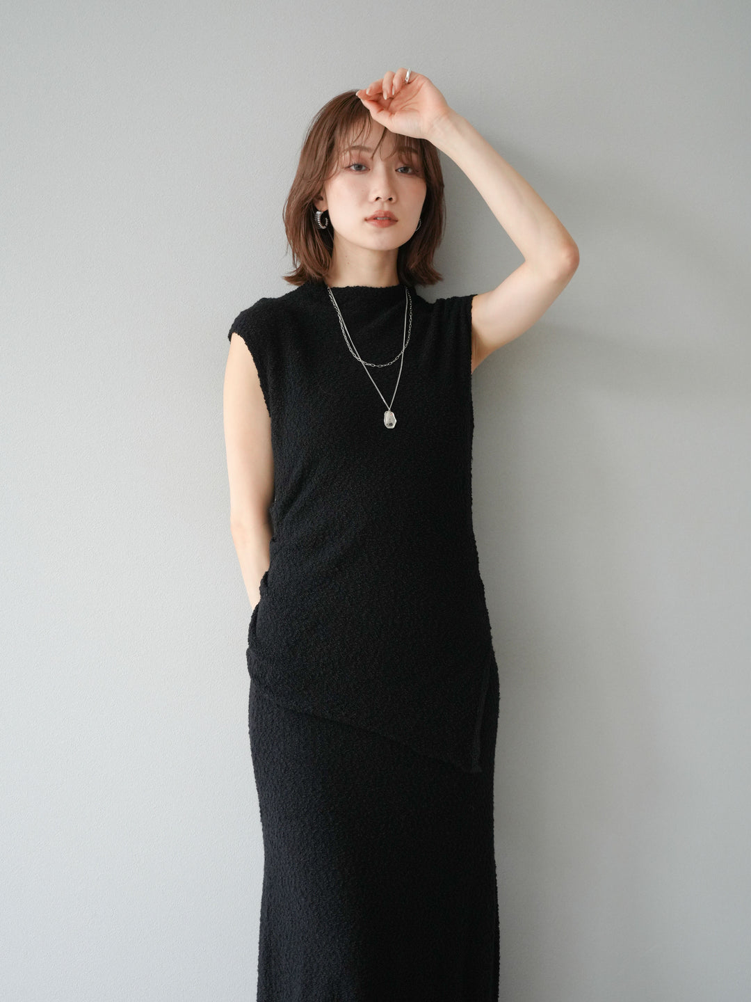 [套裝] 珠地佈針織無袖上衣 + 珠地佈針織I字裙 (2套)