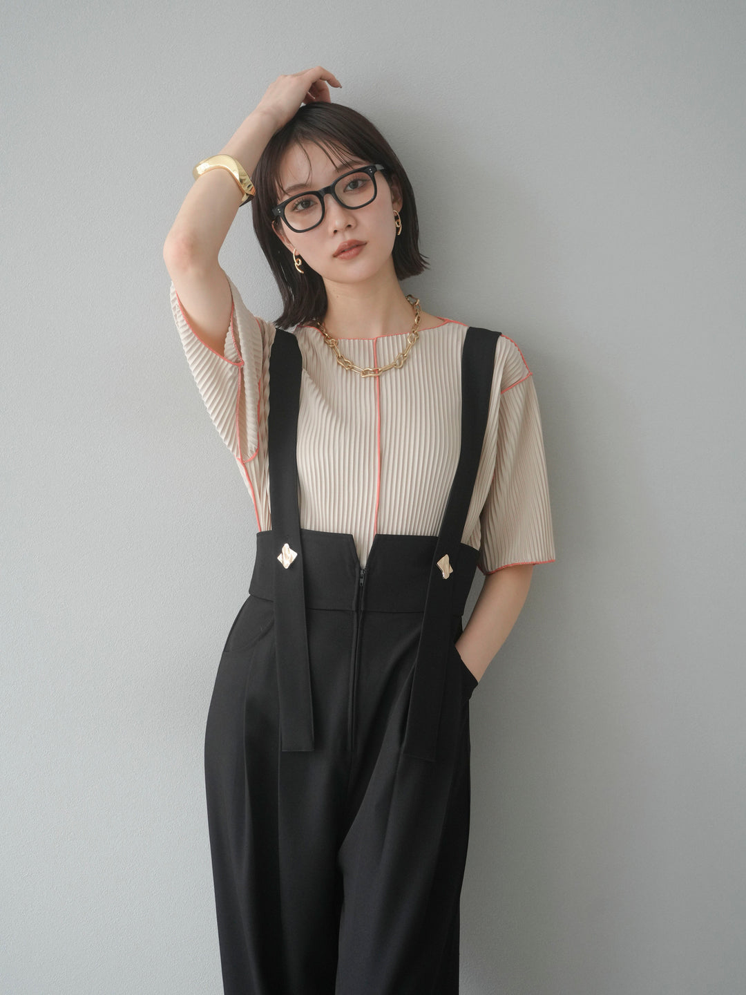 【SET】配色褶皺半袖上衣 + 配色褶皺半袖上衣 (2 件套)