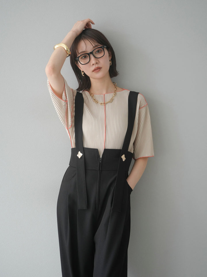【SET】配色褶皺半袖上衣 + 配色褶皺半袖上衣 (2 件套)
