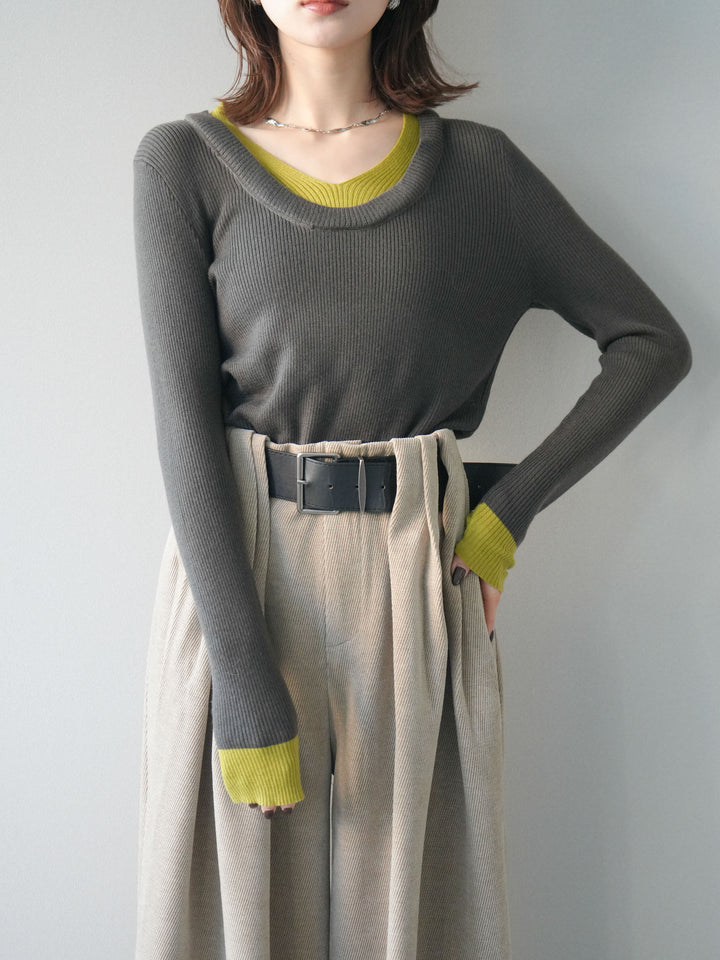 [SET]Uネック配色レイヤードリブニットトップス+選べるアクセセット(2set)