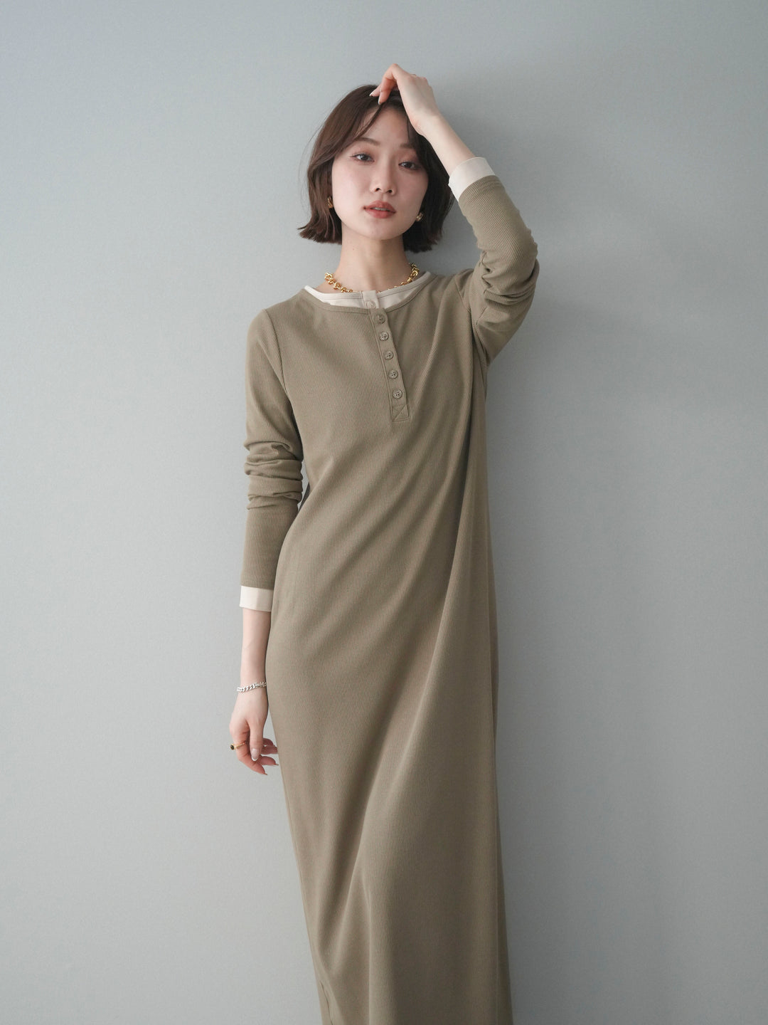 [予約]配色レイヤードヘンリーネックカットリブワンピース/mocha