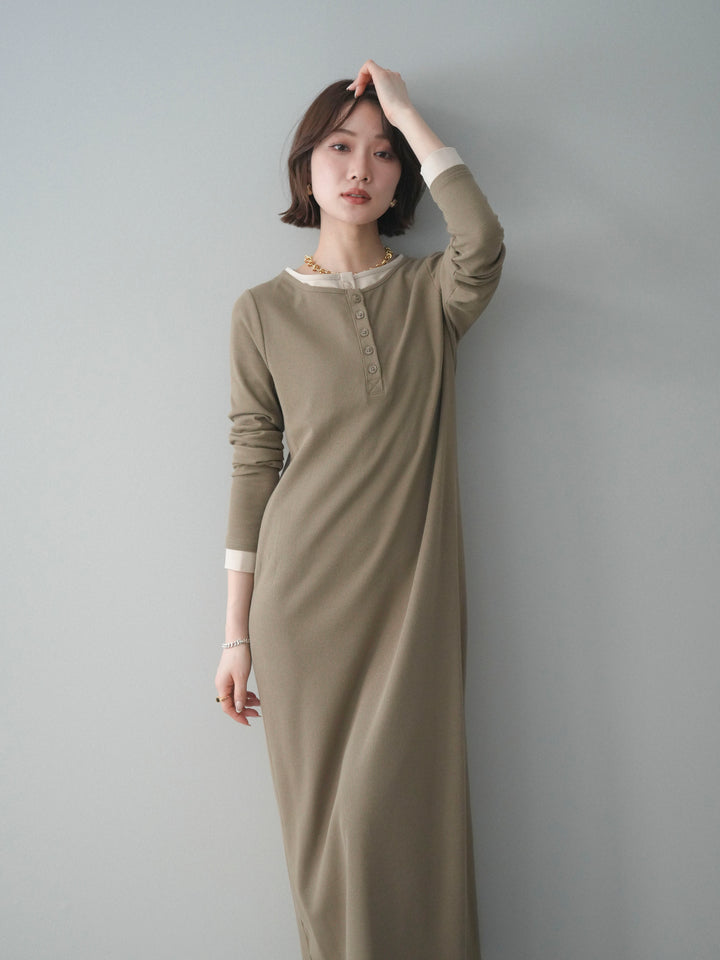 [予約]配色レイヤードヘンリーネックカットリブワンピース/mocha