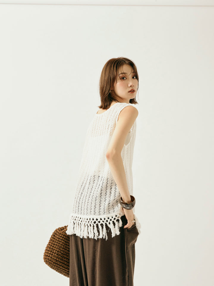 [予約]フリンジ透かし編みニットベスト/ホワイト