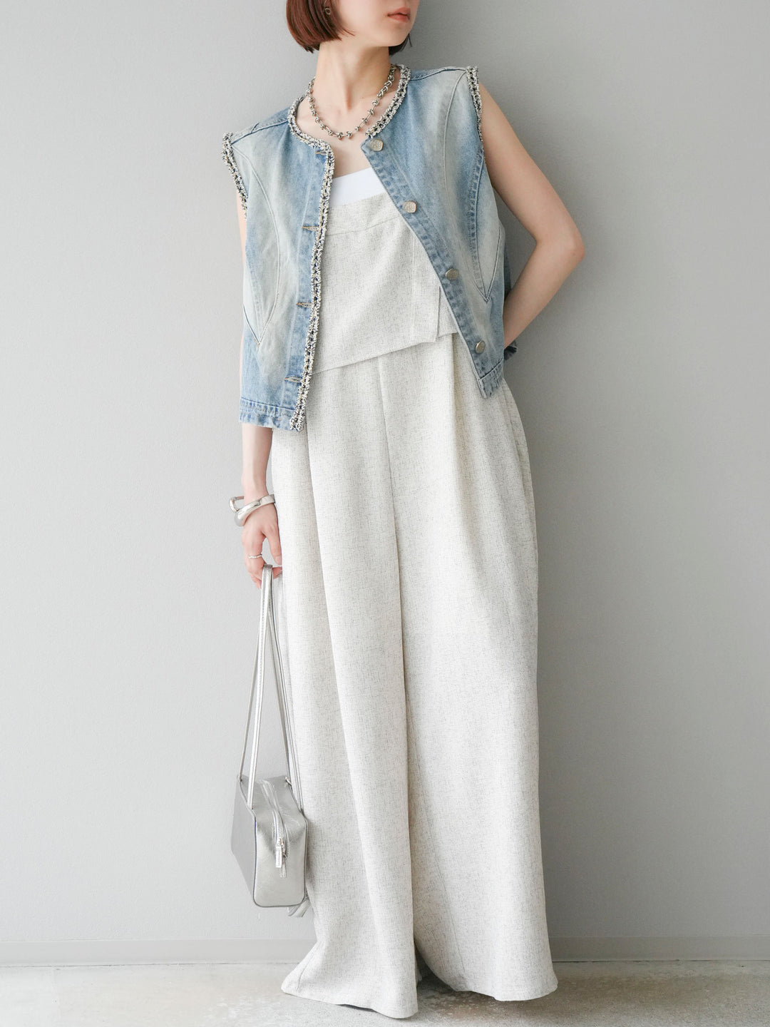 [予約]ツイードデザインデニムベスト/ライトブルー