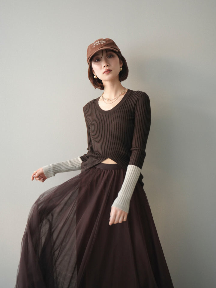 [予約]袖配色ランダムリブフロントスリットニットトップス/brown