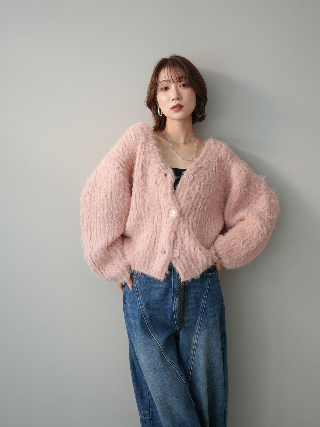 [予約]シャギーオーバーニットカーディガン/pink