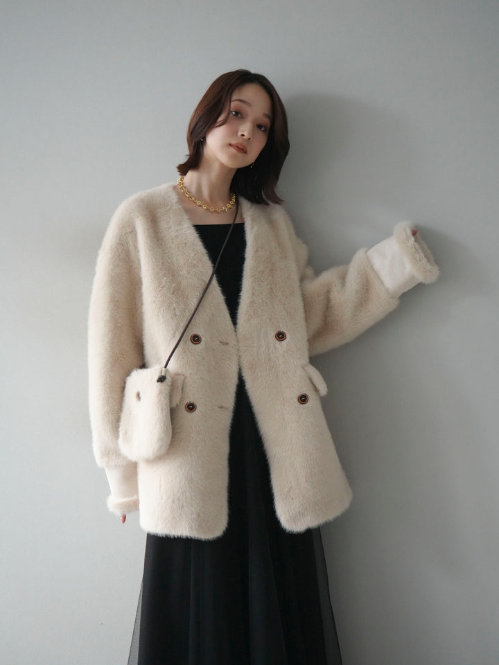 [SET]バッグ付エコファーノーカラーコート+チュールボリュームスカート(2set)