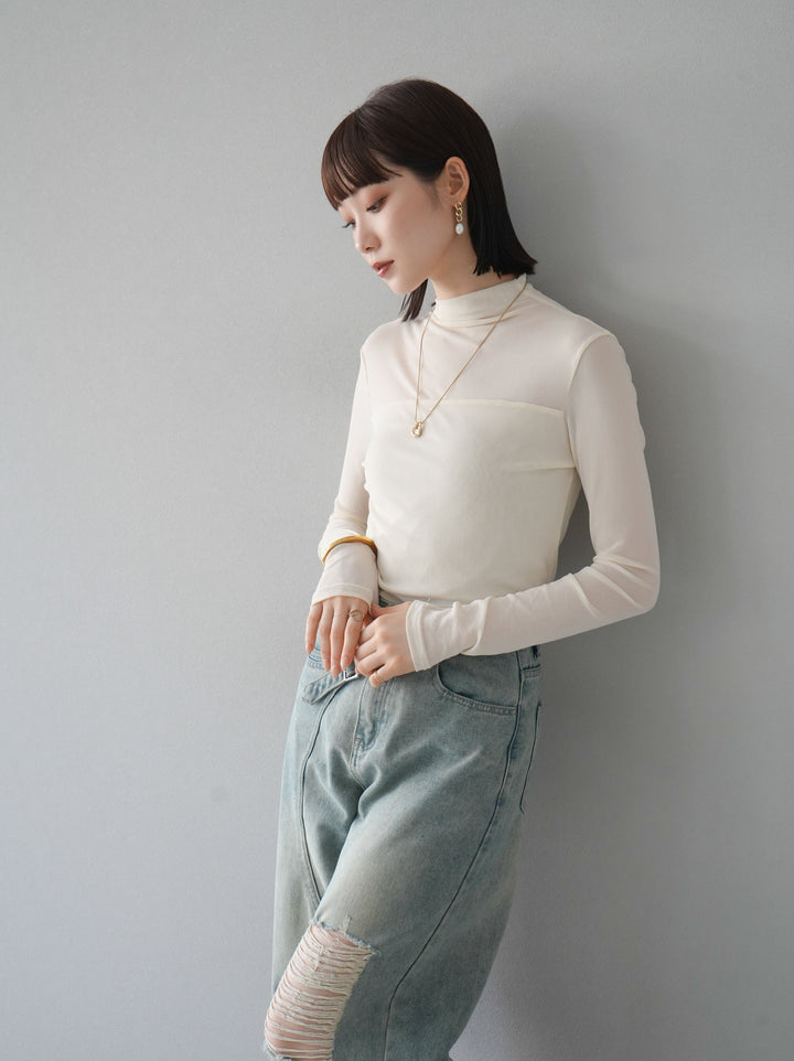 [SET]シアー切替ストレッチ長袖トップス+シアー切替ストレッチトップス(2set)