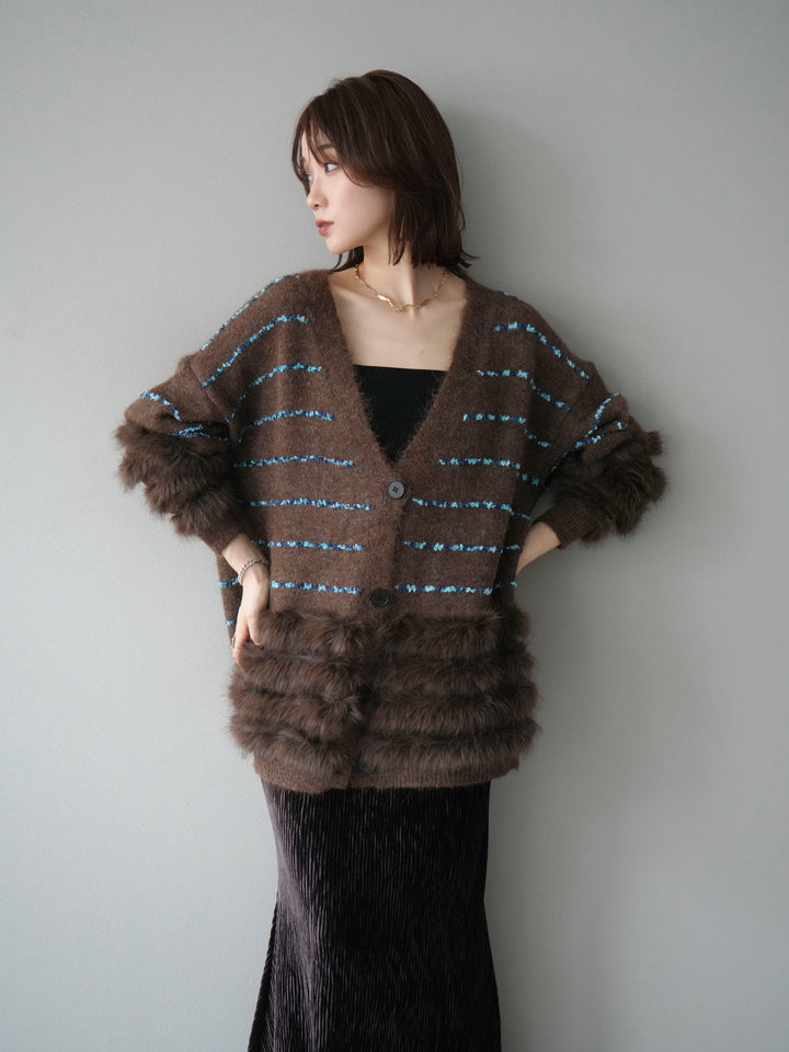 [SET]フェザーライン配色シャギーニットカーディガン+ベロアプリーツナロースカート(2set)