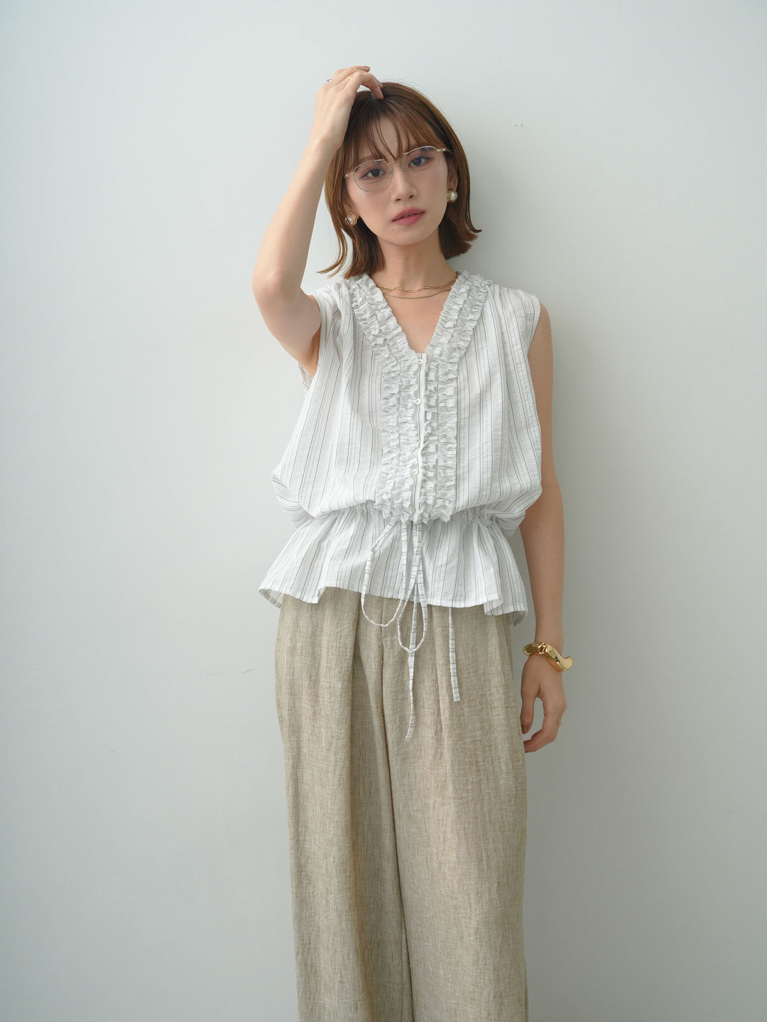 [SET]ホイップフリルストライプドロストブラウス+リネンライクベルトループワイドパンツ(2set)