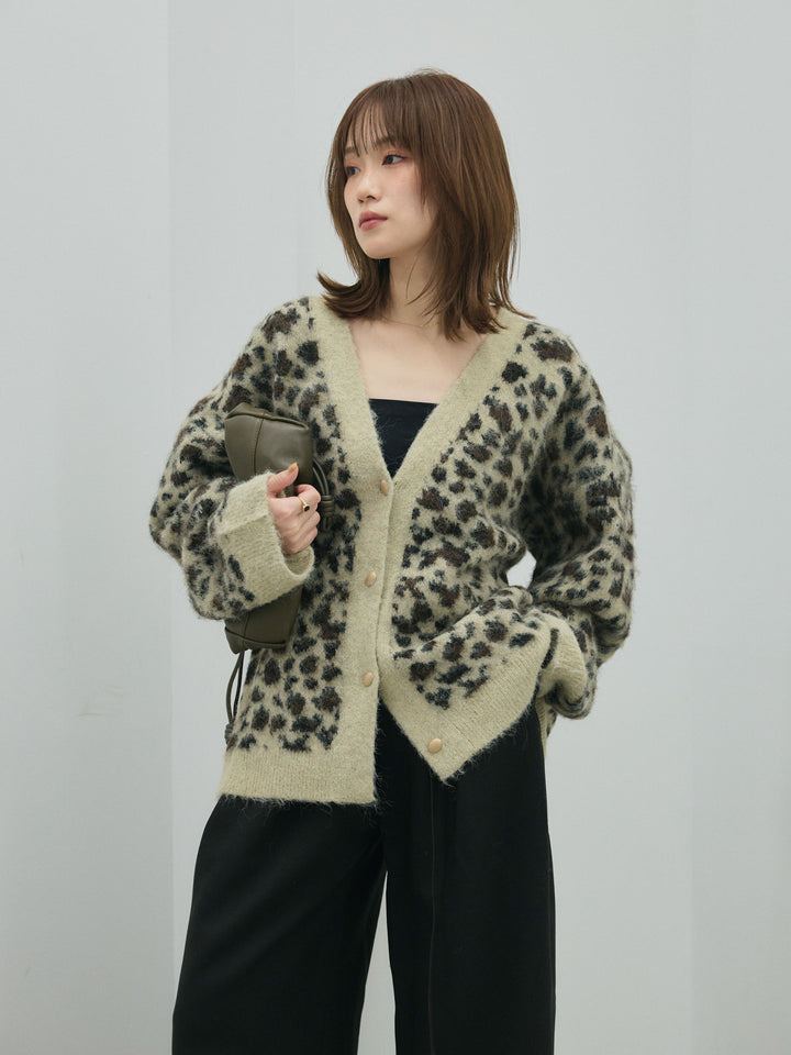 【Allure】[SET]レオパードシャギーニットカーディガン+コーデュロイタックワイドパンツ(2set)