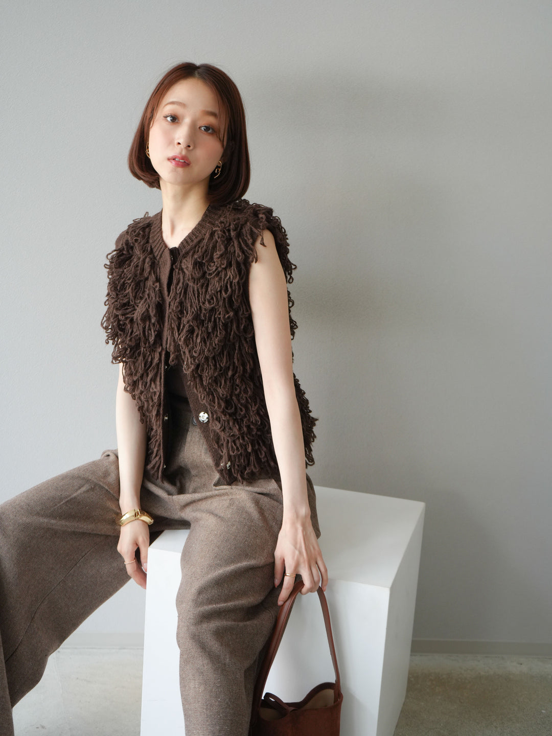 [予約]前開きループニットベスト/ブラウン