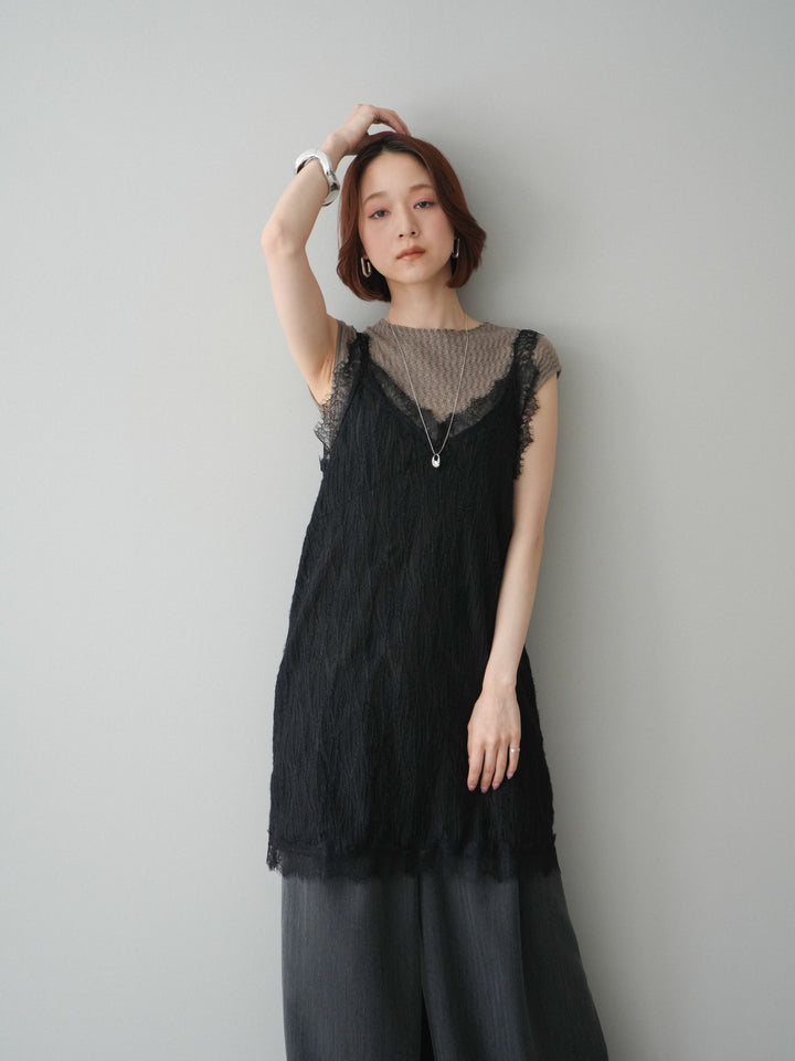 [予約]レース切替ジャガードニットロングキャミソール/black