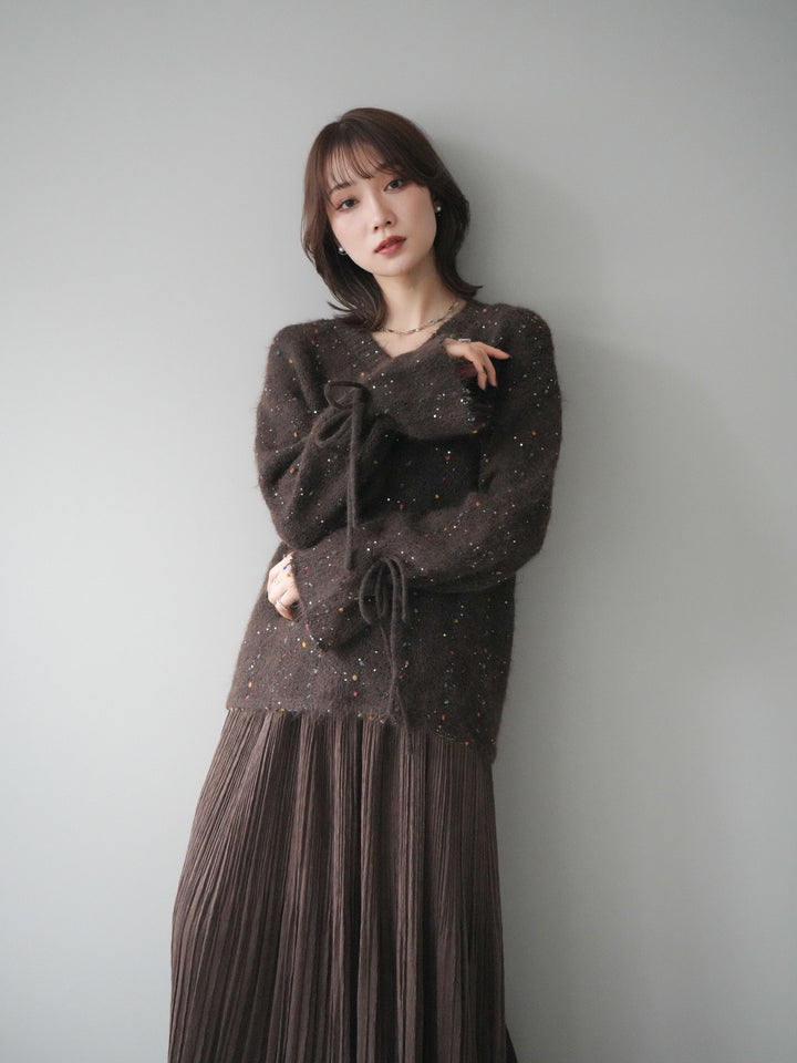 [予約]キャンディースリーブカラーネップスパンコールニットプルオーバー/brown