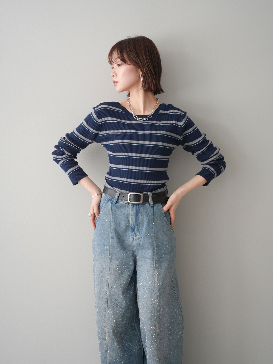 [予約]バックオープンテレコリブマルチボーダートップス/navy