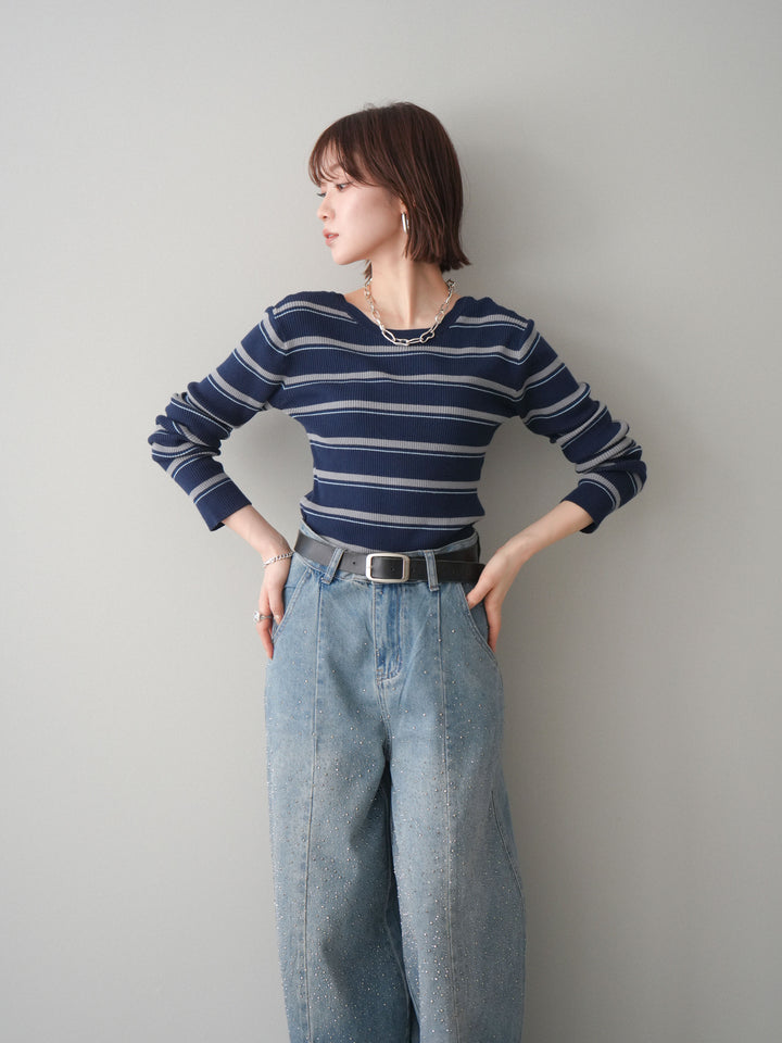 [予約]バックオープンテレコリブマルチボーダートップス/navy