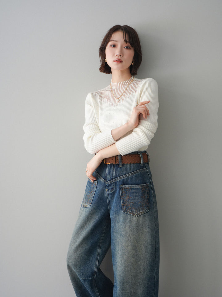 [SET]シアー切替スパンコールリブニットトップス+ベルト付ポケット刺繍カーブデニムパンツ(2set)