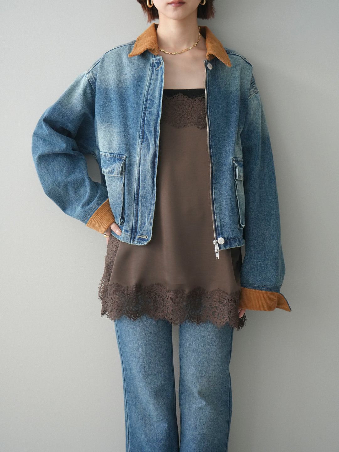 [予約]コーデュロイ×デニムショートカバーオール/blue