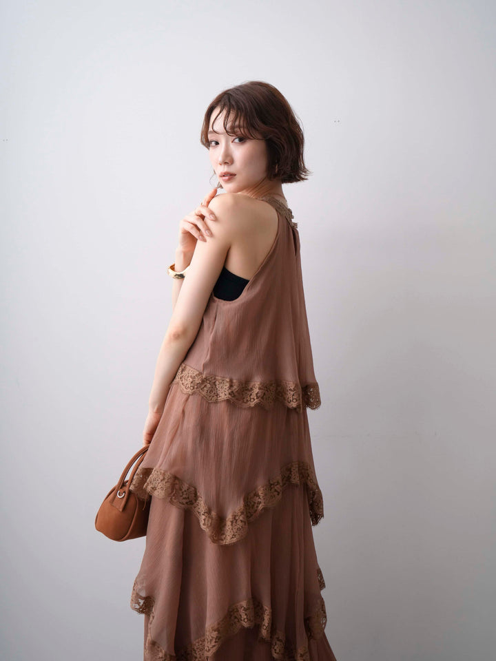 [予約]レースヘムティアードノースリドレス/brown