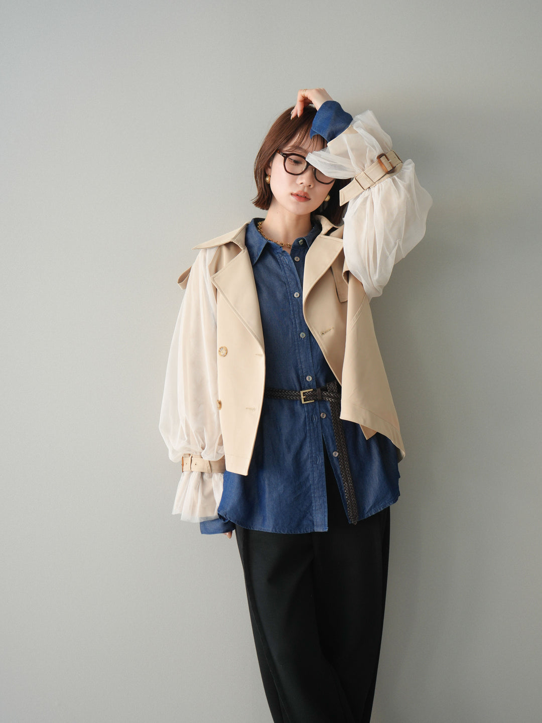 【預購】薄紗層疊蓬鬆袖短風衣/米色