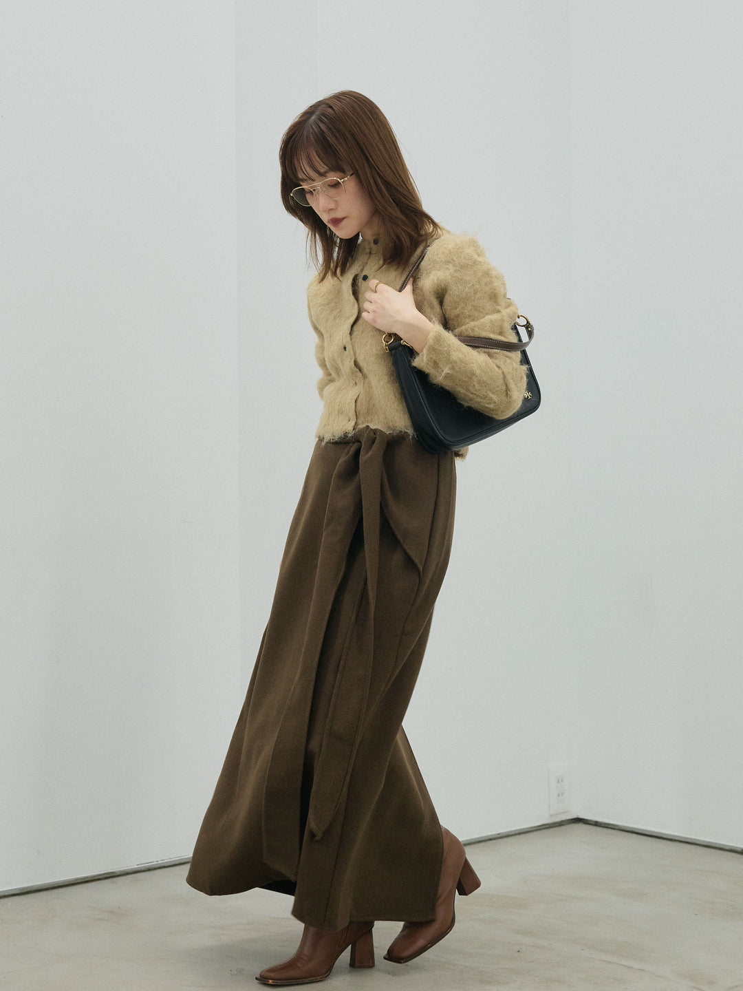 【Allure】[SET]モヘアタッチクロップドニットプルオーバー+ウールタッチウエスト巻きスカート(2set)