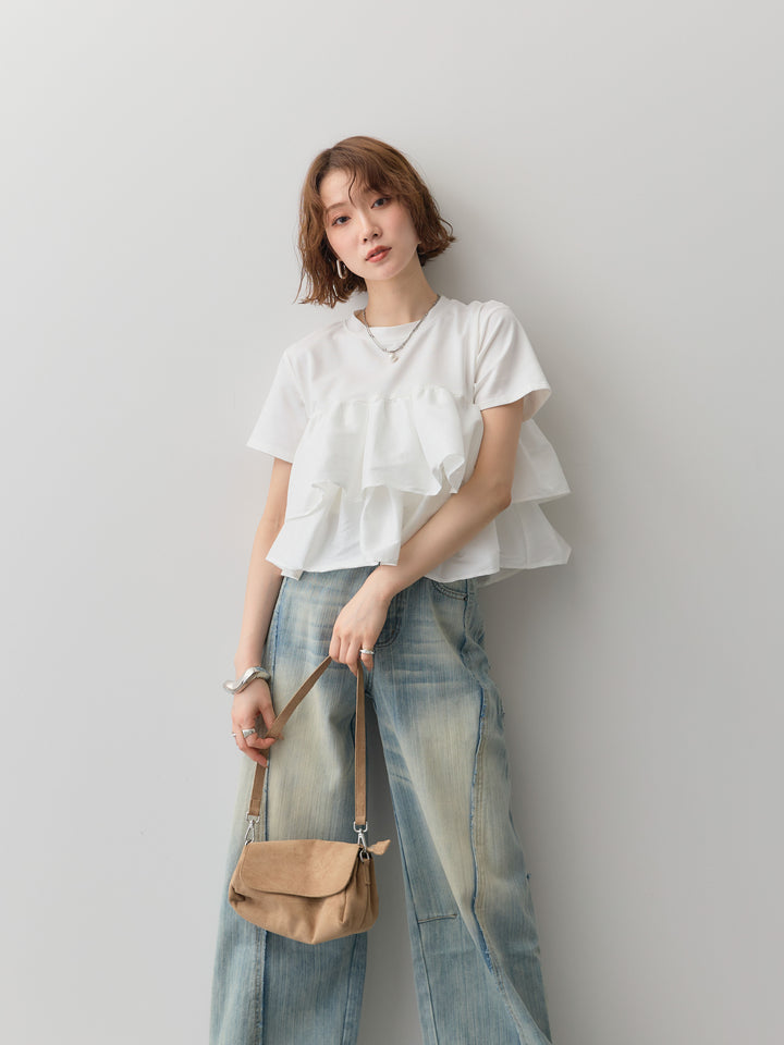 [SET]フリルティアードTEE+縦ウォッシュワイドデニムパンツ(2set)