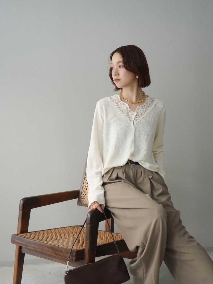 [SET]レースネックジャガードニットカーディガン+ベルト付キーホルダーモチーフワイドパンツ(2set)