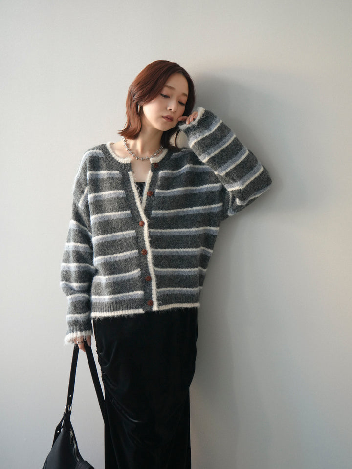 [SET]ウールタッチ配色ボーダーニットカーディガン+ウールタッチ配色ボーダーニットカーディガン(2set)