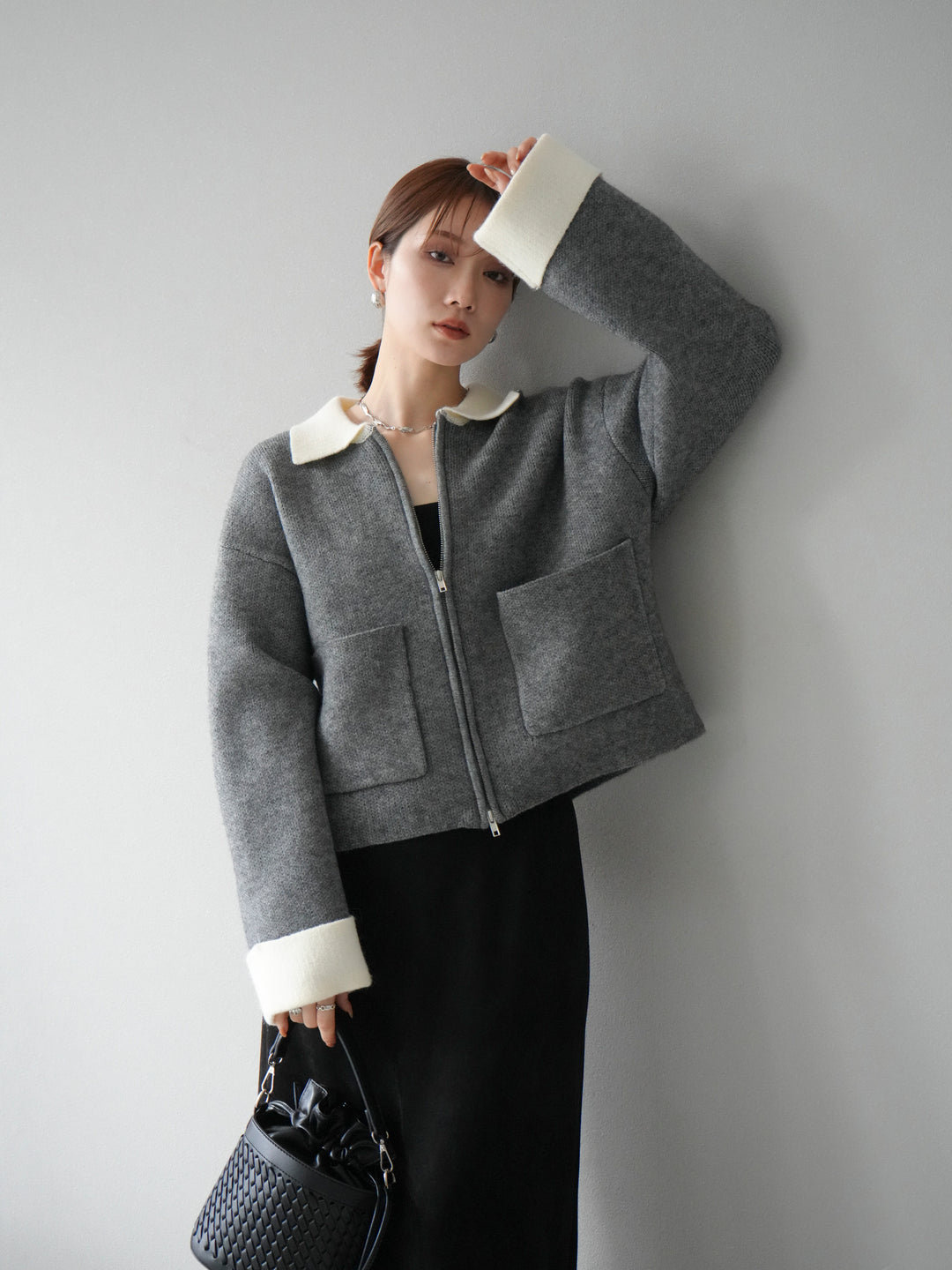 [予約]ポロ襟ジップニットカーディガン/チャコール