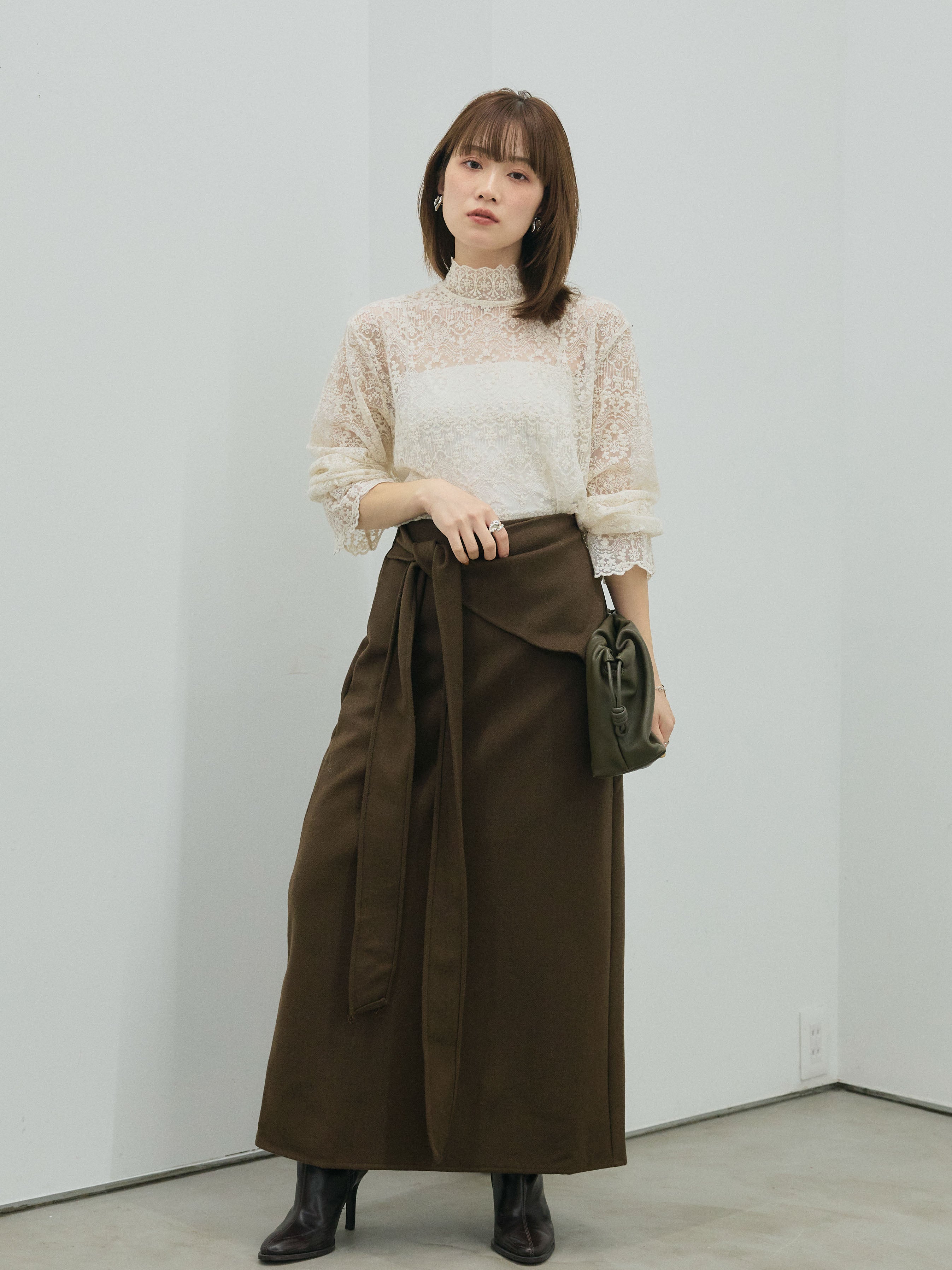 Allure】[SET]ハイネックレーストップス+ウールタッチウエスト巻き